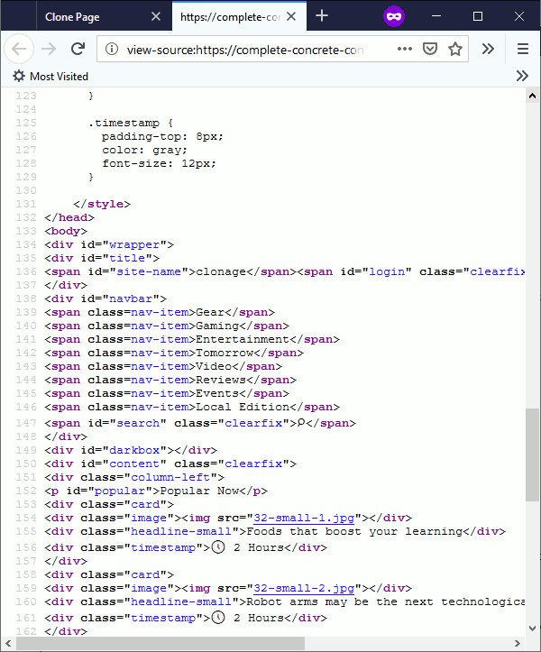Sample of View Page Source screenshot